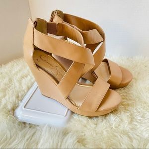 Jessica Simpson Crossover Wedge Sandal Heels Tan Size 5.5